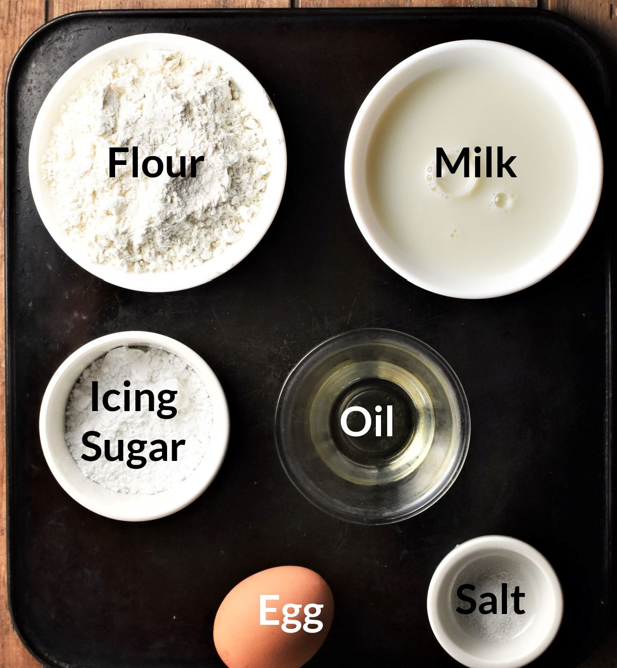 Ingredients for making Polish crepes in individual dishes.