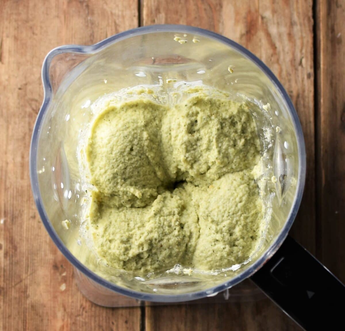 Top down view of broccoli dip in blender.