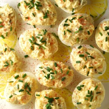 Top down close-up view of potato salad deviled eggs.