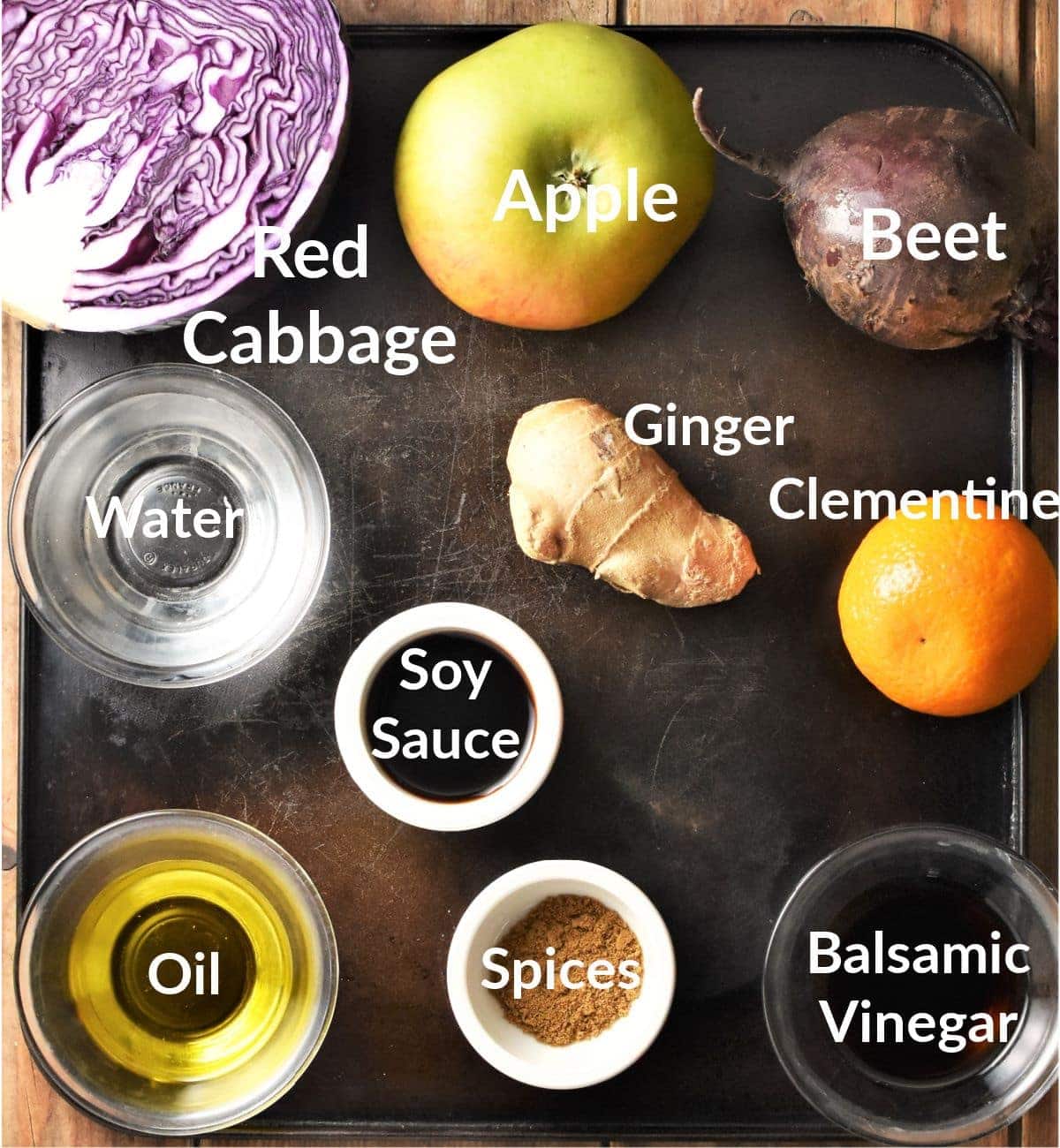 Ingredients for braised red cabbage in individual dishes.