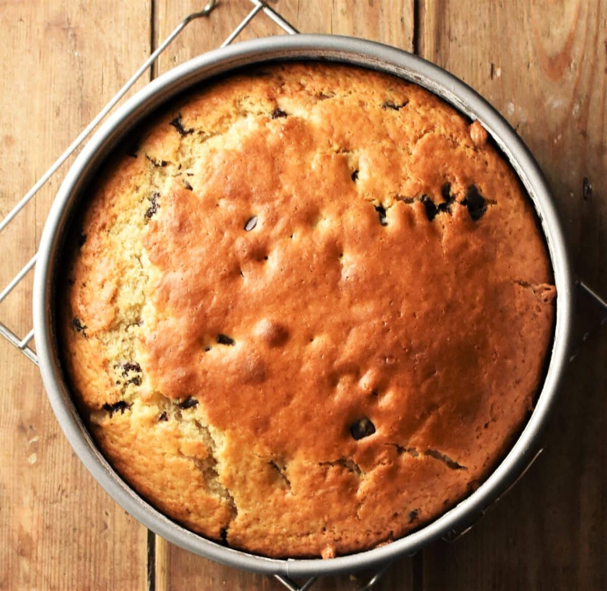Baked marzipan cake in pan.