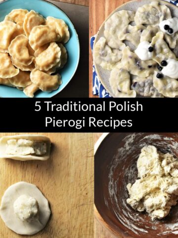 Top down view of pierogi in bowl, making pierogi and dough.