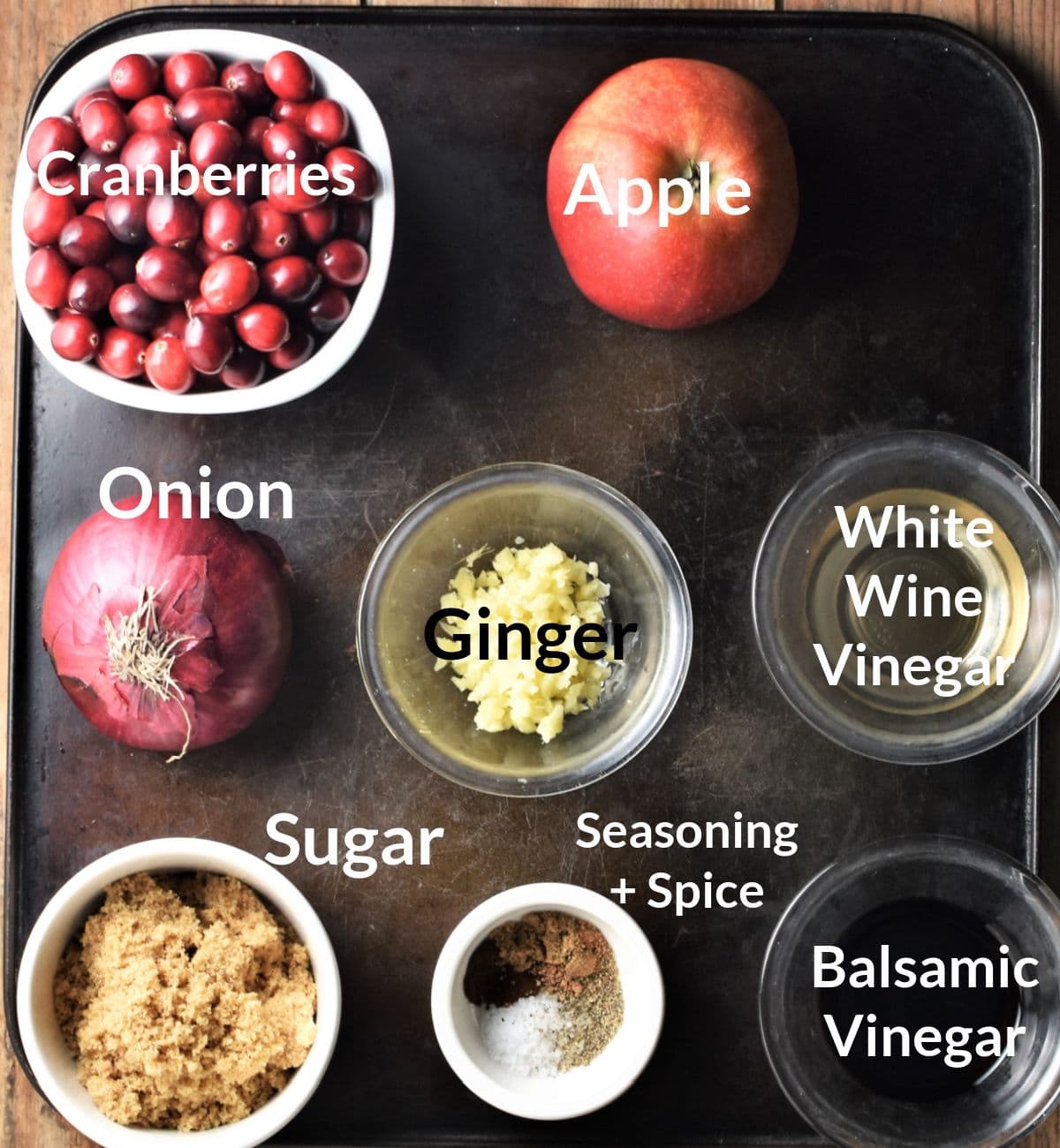 Ingredients for cranberry chutney in individual dishes.