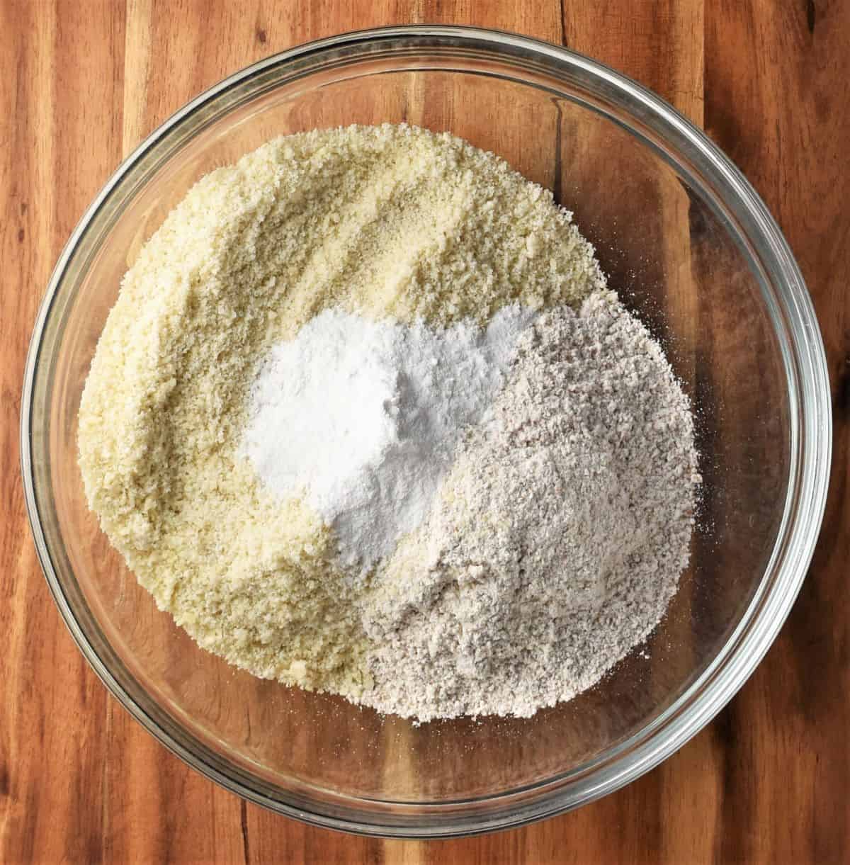 Flours and baking powder in mixing bowl.