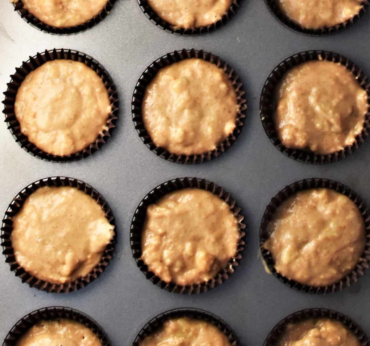Muffin batter in paper cases inside pan.