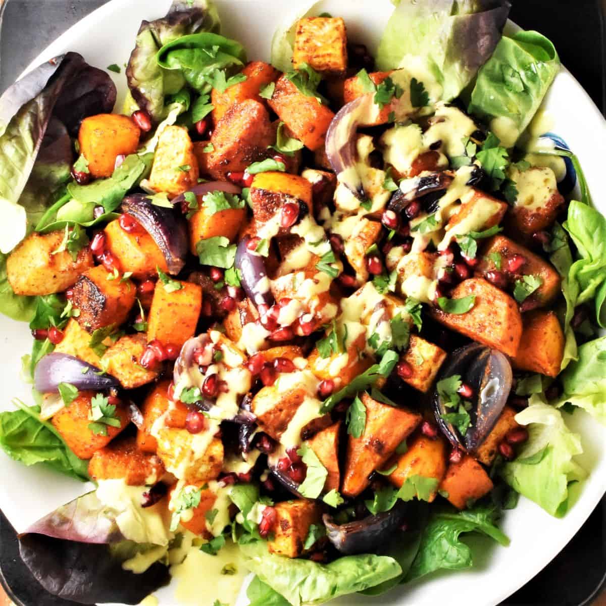 Top down view of roasted vegetable salad on large plate.