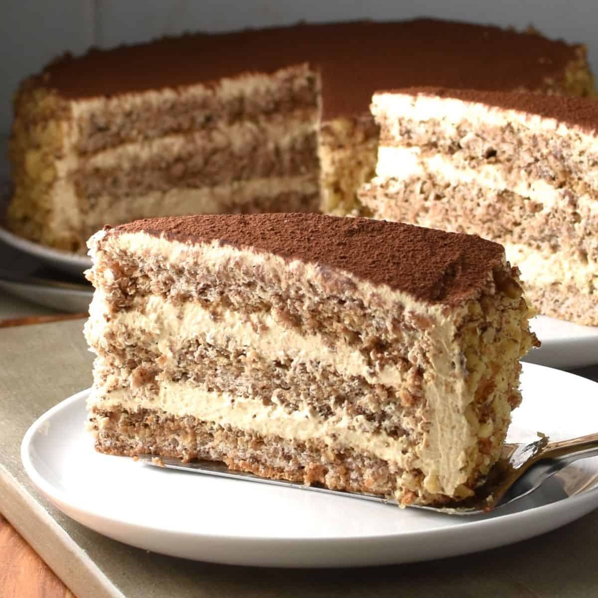 Side view of Polish walnut cake slice on white plate.